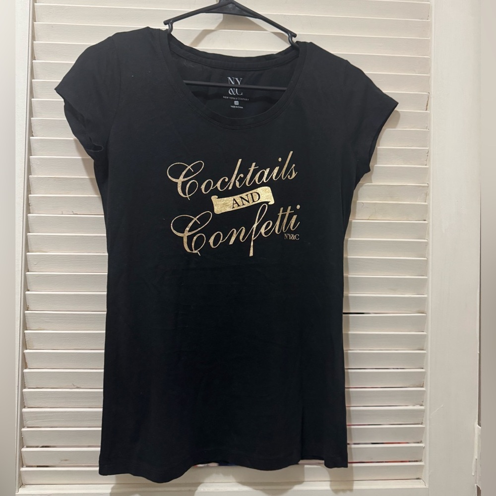 New York & Company Black Tee with Gold Script
